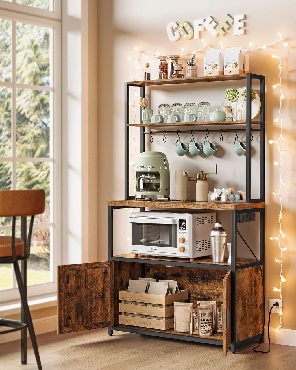 VASAGLE Kitchen Bakers Rack with Power Outlet, Coffee Bar with 35.4-Inch High Worktop, Microwave Stand with 8 Hooks, 15.7 x 31.5 x 66.9 Inches, Rustic Brown and Ink Black UKKS059K01