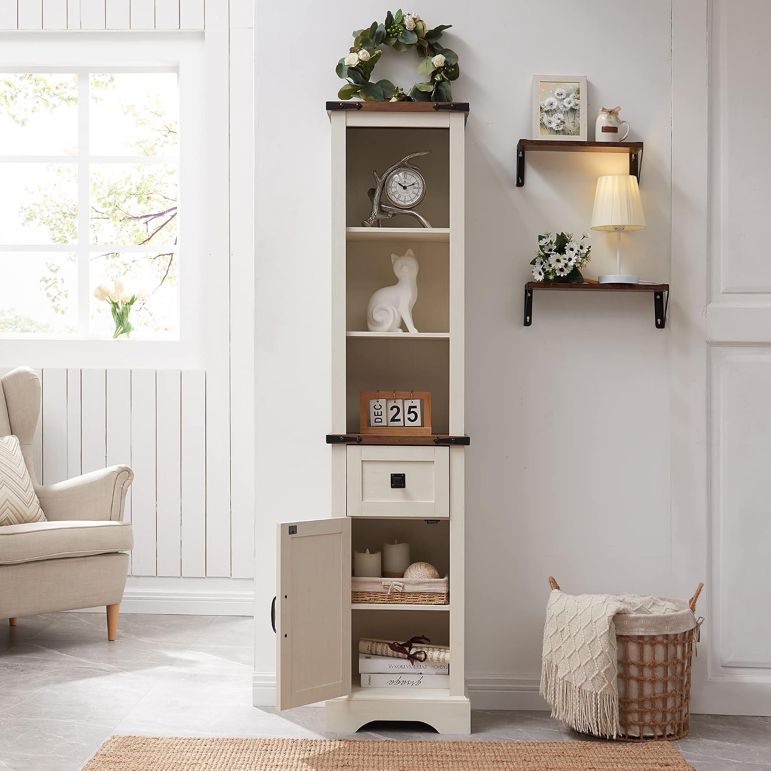 OKD 68' Tall Bathroom Storage Cabinet, Farmhouse Storage Cabinet with Barn Door & Drawer, Adjustable Shelves, Tall Linen Tower for Bathroom, Living Room, Rustic Oak with Antique White