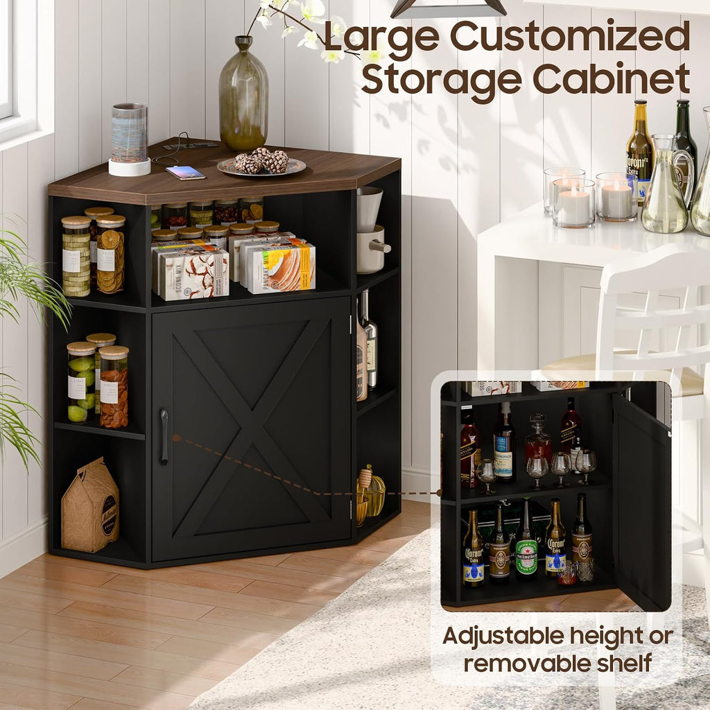Vabches Corner Cabinet, Corner Storage Shelf with USB Ports and Outlets Industrial Organizer for Small Space Wooden 6-Cubby Bookshelf for Study, Playroom, Living Room (Black and Brown)