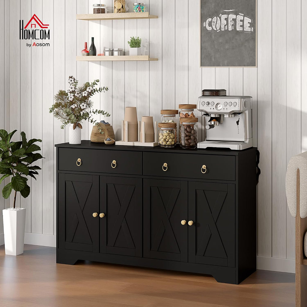 HOMCOM 48' Sideboard Buffet with Storage, Kitchen Storage Cabinet with 2 Drawers and 4 Barn Doors, Farmhouse Coffee Bar Cabinet with Adjustable Shelves, Black