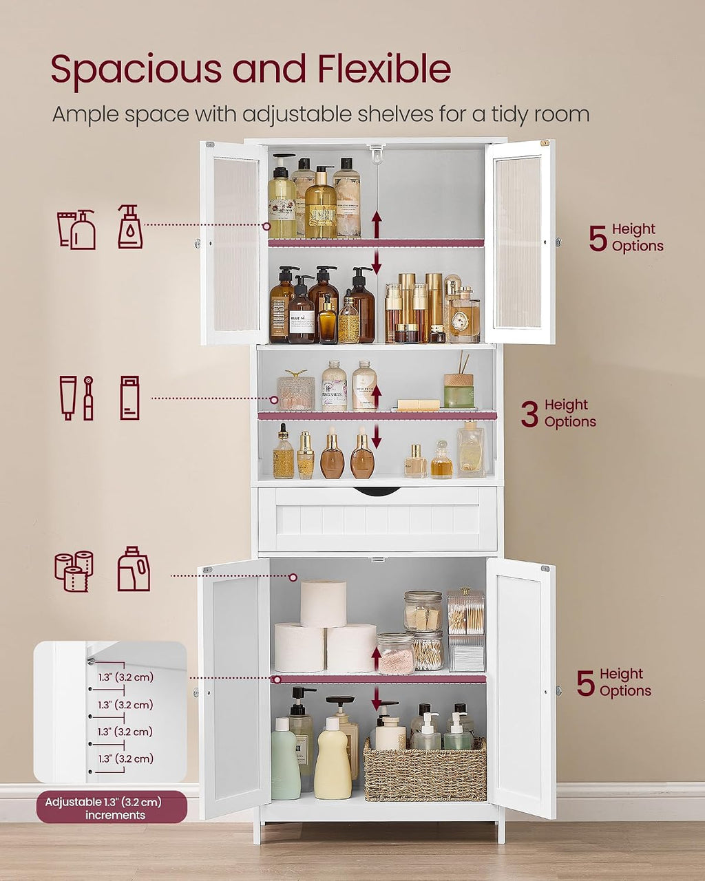 VASAGLE Storage Cabinet, Freestanding Storage Unit with Adjustable Shelves, Drawer, Open Compartments, for Bathroom, Living Room, Kitchen, Cloud White UBBC768WH01S