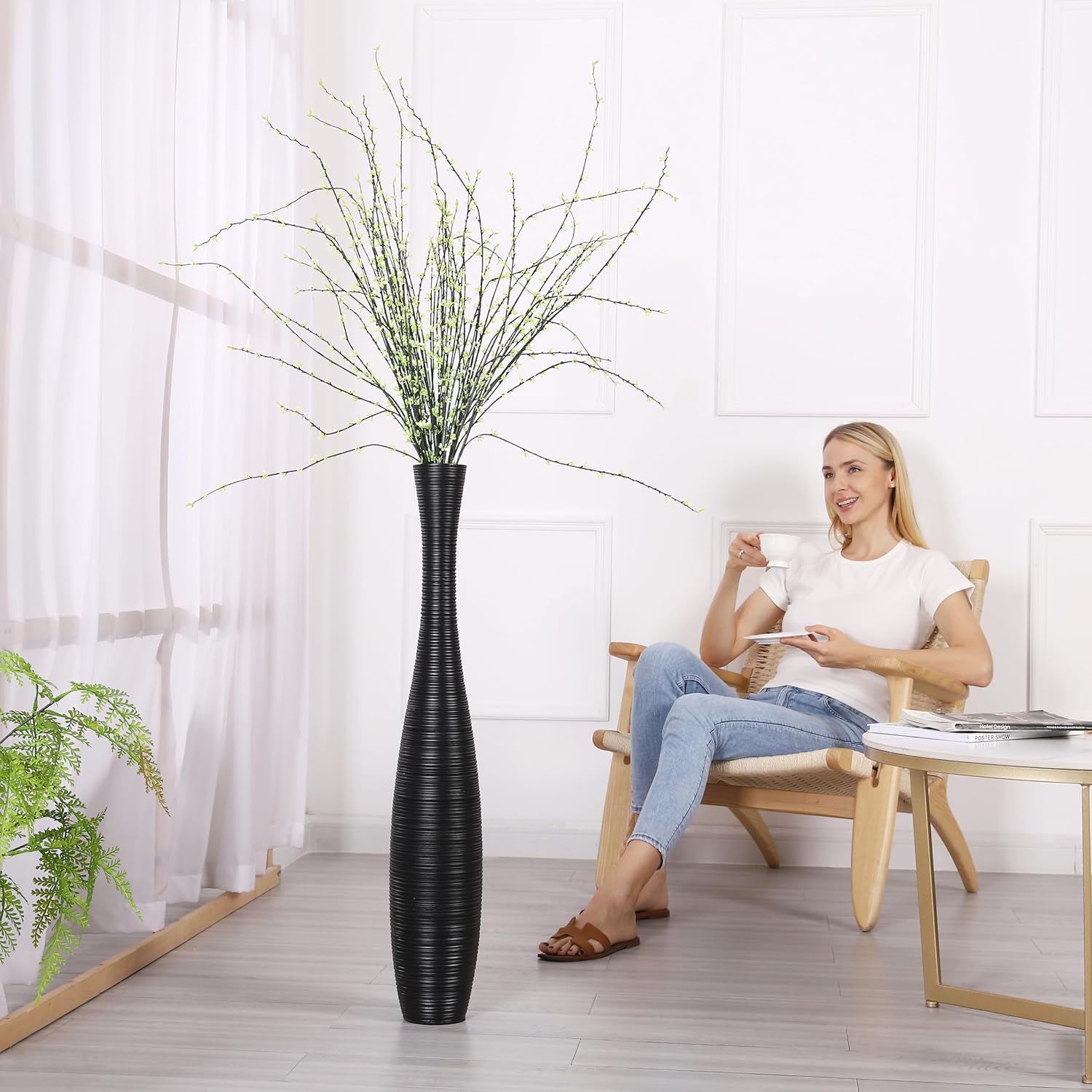 Leewadee Decorative Tall Floor Vase for Living Room Decor, 34 inches, Black, Resin