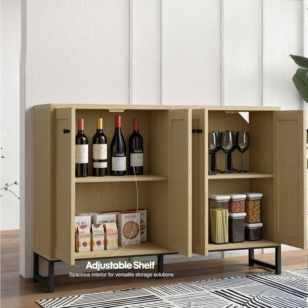 Panana Sideboard Accent Storage Cabinet with Rattan Decorated 4 Doors Dining Room Freestanding Kitchen Buffet Table Cupboard (Natural)