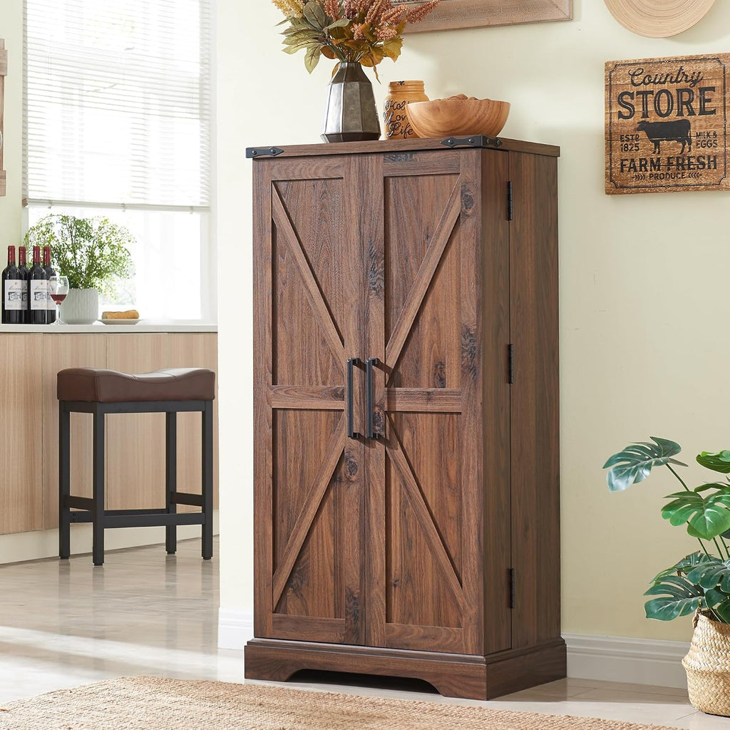 ACCOHOHO 47' Kitchen Pantry, Farmhouse Storage Cabinet with Barn Doors, Organizer and Adjustable Shelves, Rustic Wood Cupboard for Kitchen, Dining Room, Bathroom and Hallway, Brown