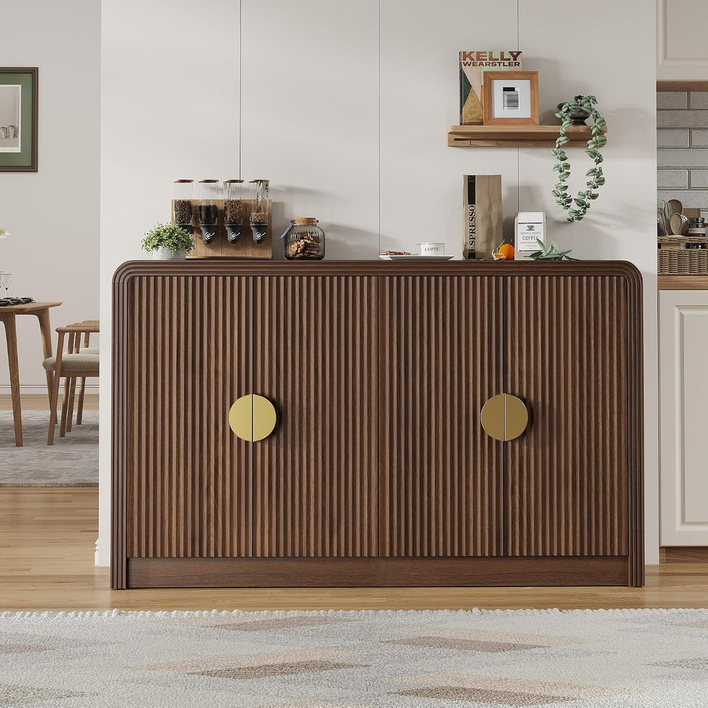 Decofy 55' Buffet Sideboard Cabinet, Mid Century Modern Console Cabinet with Wavy Grain Doors & Adjustable Shelves for Kitchen Cabinets, Living Room, Entryway, Coffee Bar Cabinet, Walnut