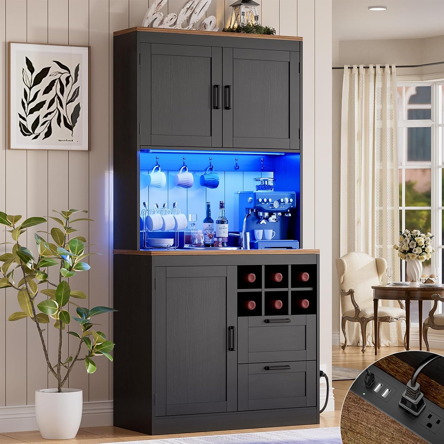 Unikito 72' Tall Kitchen Pantry Cabinet with LED Light & Outlet, Kitchen Hutch Coffee Bar with Microwave Stand, Wine Rack, Drawers and Storage Shelves, Cupboard for Dining Room, Black and Rustic
