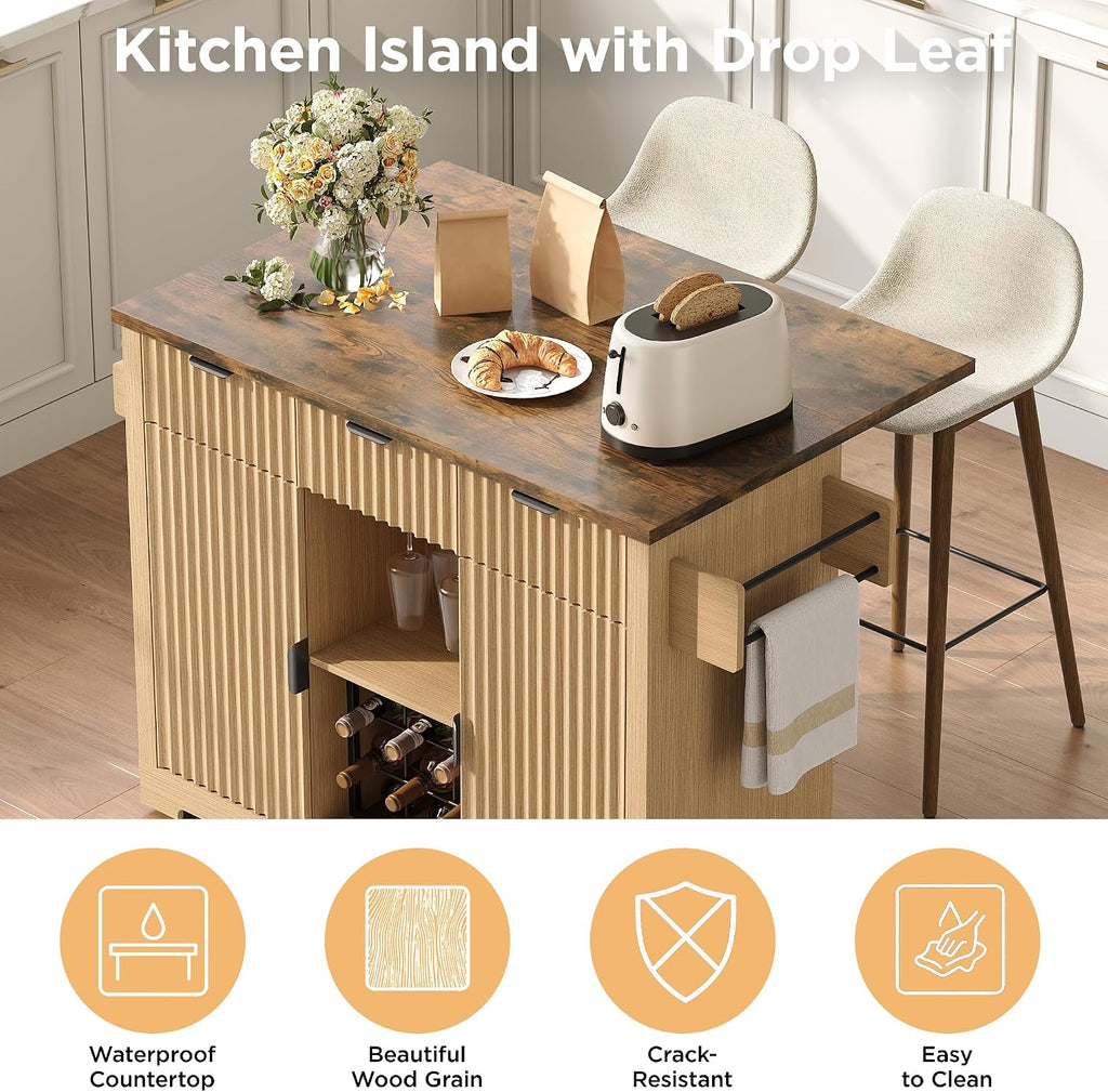 FiveWillowise Kitchen Island with Drop Leaf and Wine Cabinet, Rolling Kitchen Island on Wheels with Storage Cabinets,50' Fluted Wine Bar with 3 Drawers, and Towel Rack for Kitchen, Dining Room