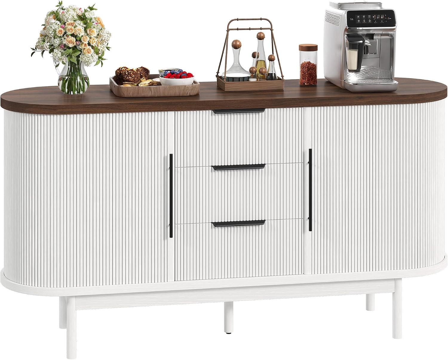 DWVO Modern TV Stand for 60 inch TVs, Fluted Entertainment Center with 3 Drawers & Storage Cabinet, Sliding Door & Adjustable Shelf, Media Console for Living Room, White & Brown