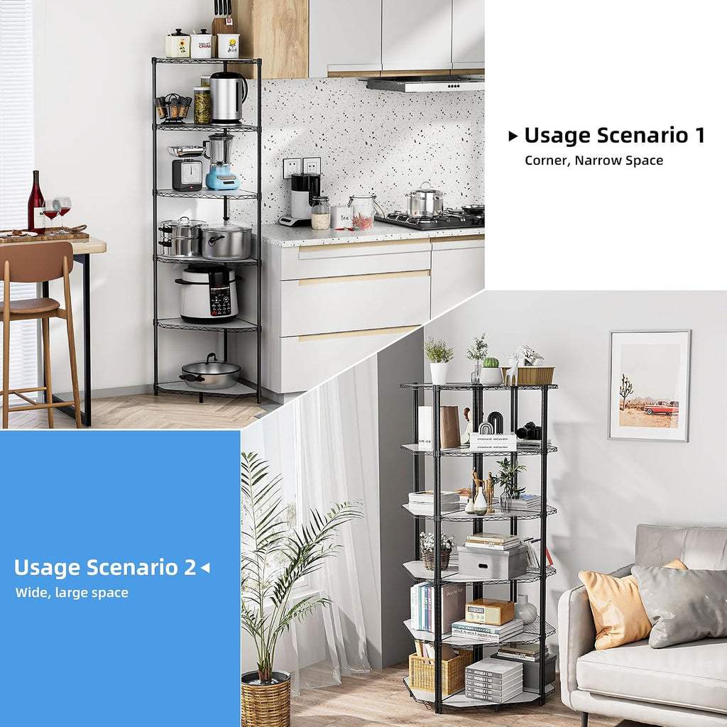 Pentagonal Corner Storage Rack, 6 Tier Metal Corner Shelf Wire Shelving Unit, 600lbs Capacity, NSF, Adjustable Height, Leveling Feet and Liners, Ideal for Bathroom, Kitchen, 72'H x 20'L x 20'W Black
