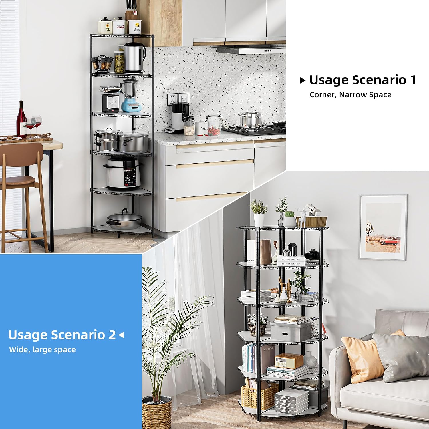 Black Corner Storage Rack, 6 Tier Metal Corner Shelf Wire Shelving Unit, 600lbs Capacity, NSF, Adjustable Height, Leveling Feet and Liners, Ideal for Bathroom, Kitchen, 72'H x 20'L x 20'W, Pentagonal