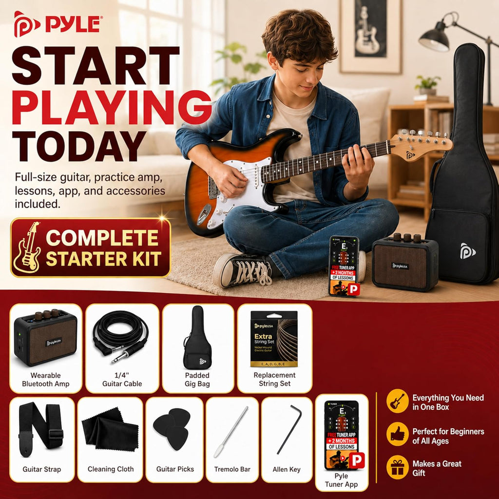 Pyle Electric Guitar and Amp Kit - Full Size 39' Complete Starter Kit with Wearable Bluetooth Amplifier, 1/4' Cable, Carry Case, Strap, Strings, Picks, Cleaning Cloth, ST-Style Pickups (Sun Burst)