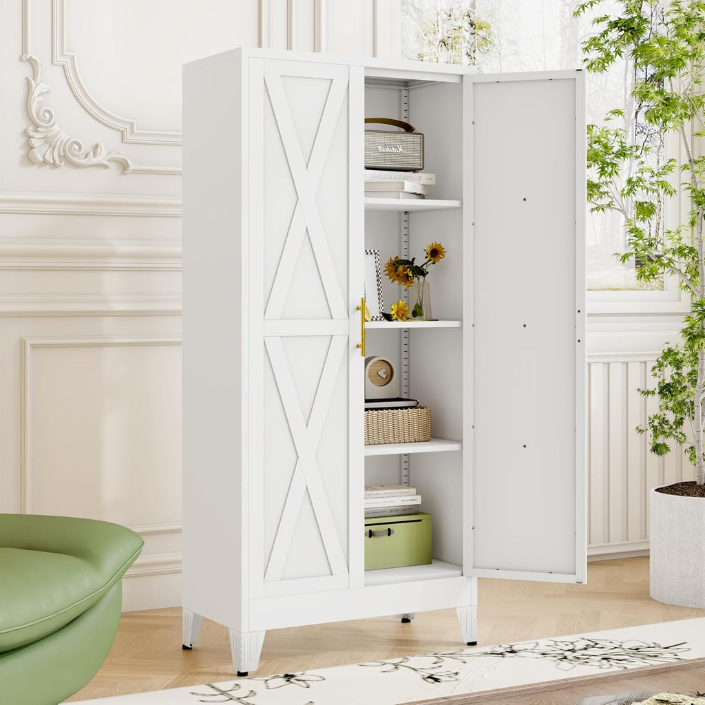 61' H Metal Kitchen Pantry Storage Cabinet, Freestanding Cupboard with 2 Doors and 3 Adjustable Shelves, Standing Storage for Kitchen, Bathroom, Garage, Dinning Room or Utility Room（White）