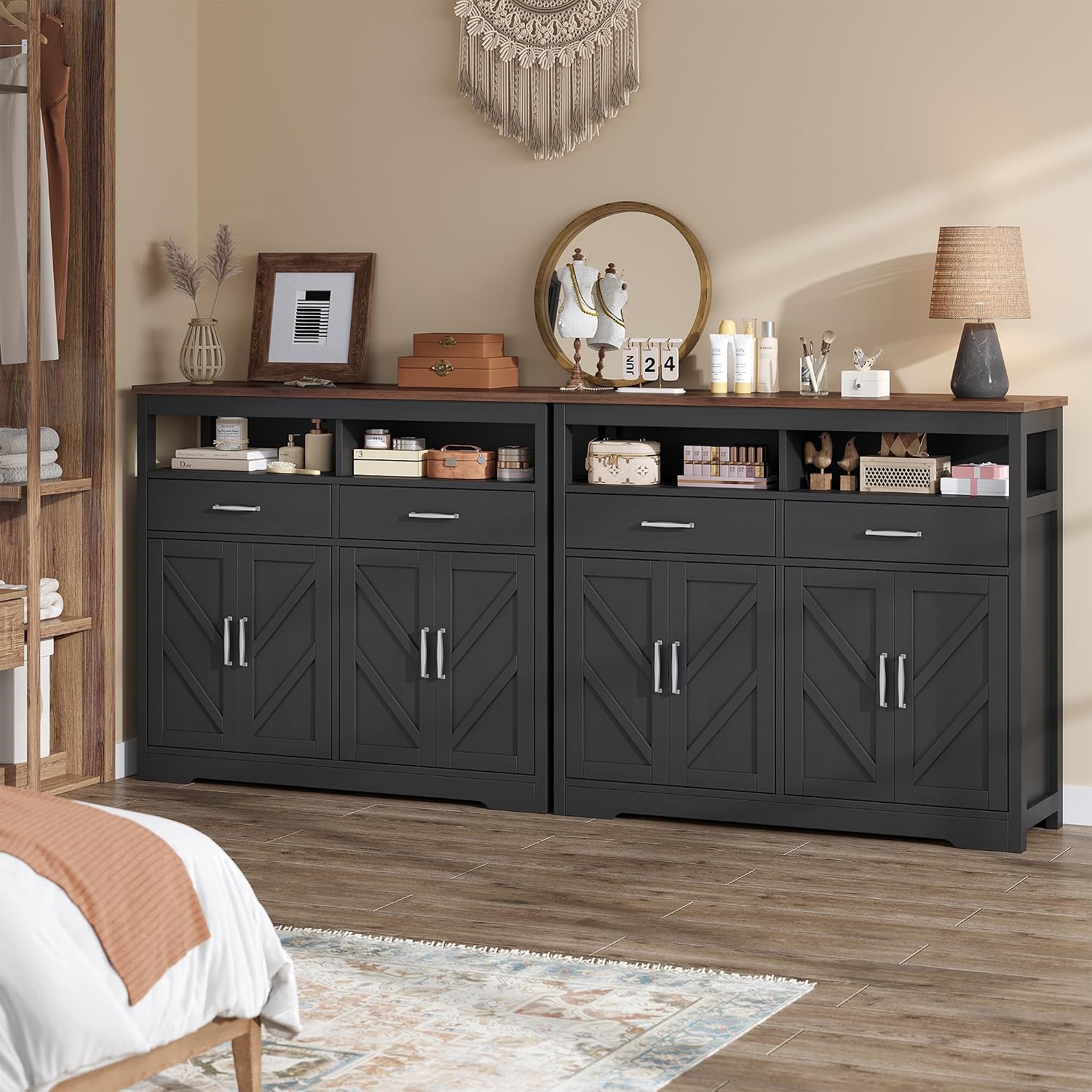 knoworld Buffet Sideboard with Storage Farmhouse with 4 Doors, 47'' Large Kitchen Storage Cabinet Wood Coffee Bar Cabinet Buffet Table with Shelves for Kitchen, Dining Room, Entryway
