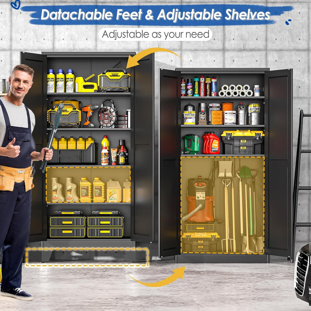 GAIOUS 71' Tall Metal Storage Cabinet with 2 Doors and 4 Adjustable Shelves, Kitchen Pantry Cabinet Black Freestanding Cupboard, 5 Tier Multifunctional Steel Storage for Office, Kitchen, Dining Room