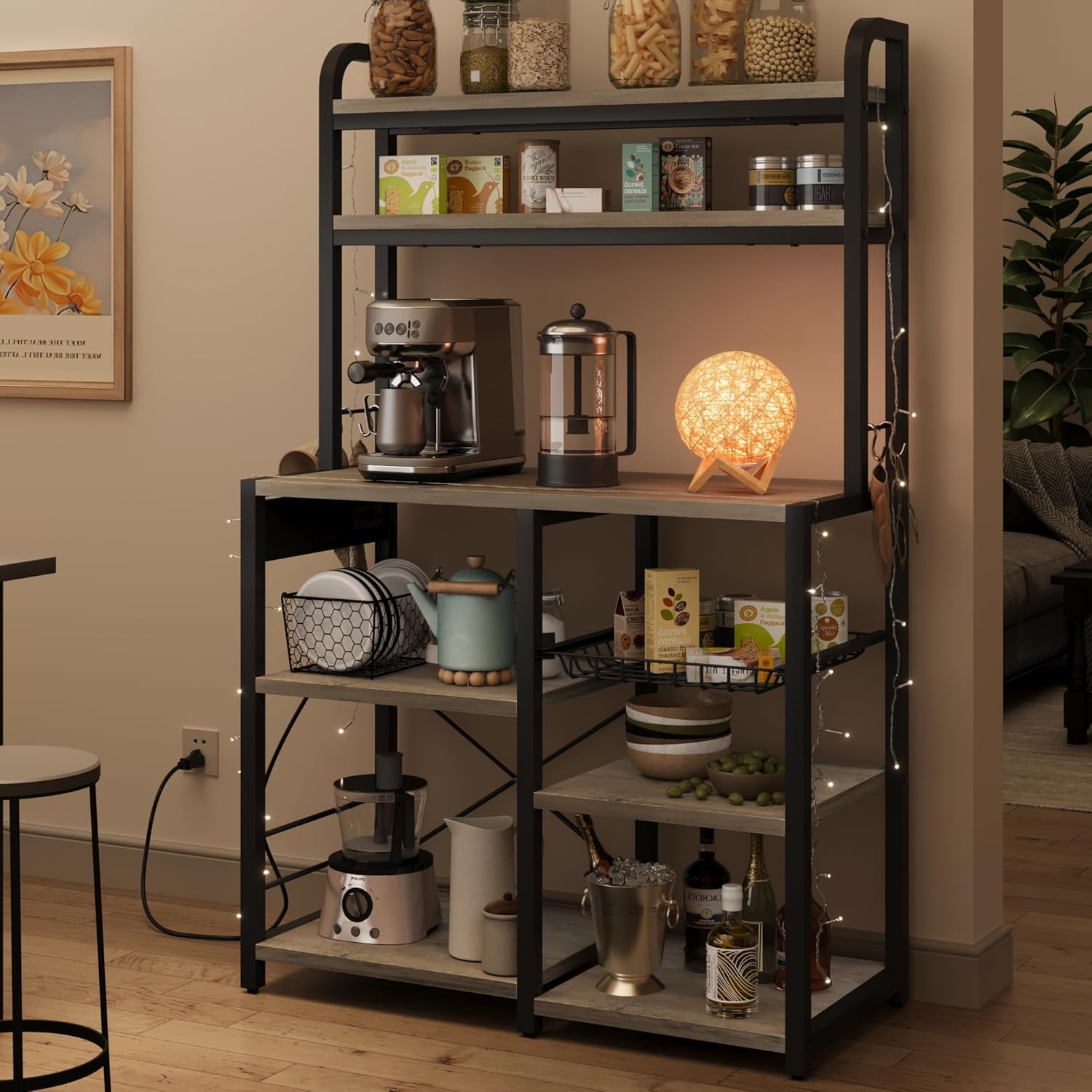 IDEALHOUSE Bakers Rack with Power Outlet, 6-Tier Coffee Bar Station with Wire Drawer, Industrial Microwave Stand, Kitchen Standing Bakers Racks with Large Storage, Hutch, Retro Gray