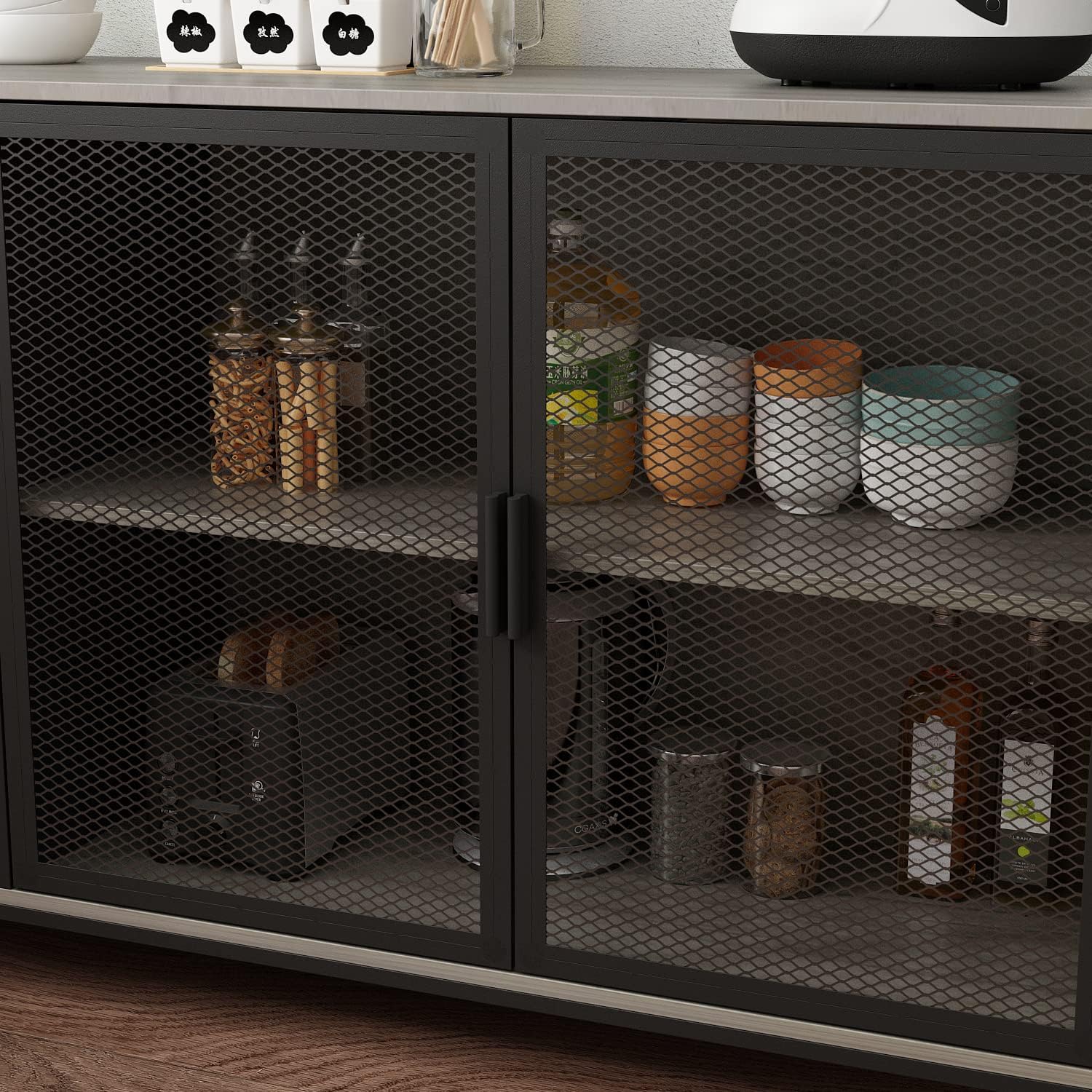 ECACAD Modern Wood Sideboard Buffet Storage Cabinet with Hutch, 3 Metal Mesh Doors, 3 Drawers & 5 Compartments, Kitchen Pantry Cupboard Console Table for Living Room, Dining Room, Walnut