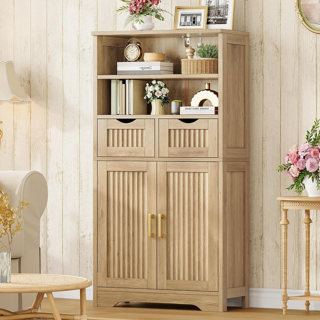 Iwell Tall Storage Cabinet, Fluted Cabinet with 2 Drawers & Adjustable Shelf, Bathroom Storage Cabinet, Kitchen Pantry Storage Cabinet, for Living Room, Dining Room, Home Office, Natural Oak