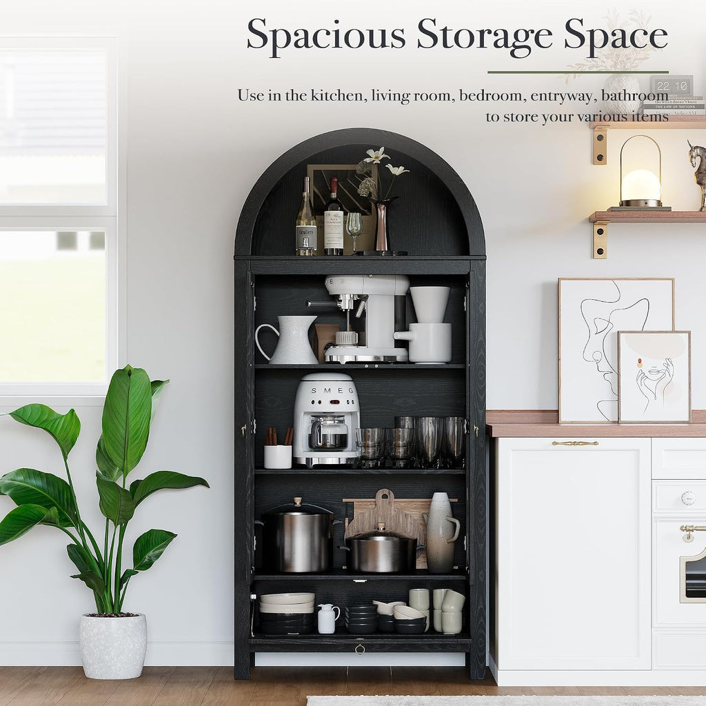 71' Tall Arched Kitchen Pantry Cabinet, Modern Farmhouse Hutch Storage Cabinets with Large Drawer and Glass Doors for Kitchen, Dining Room, Living Room, Black