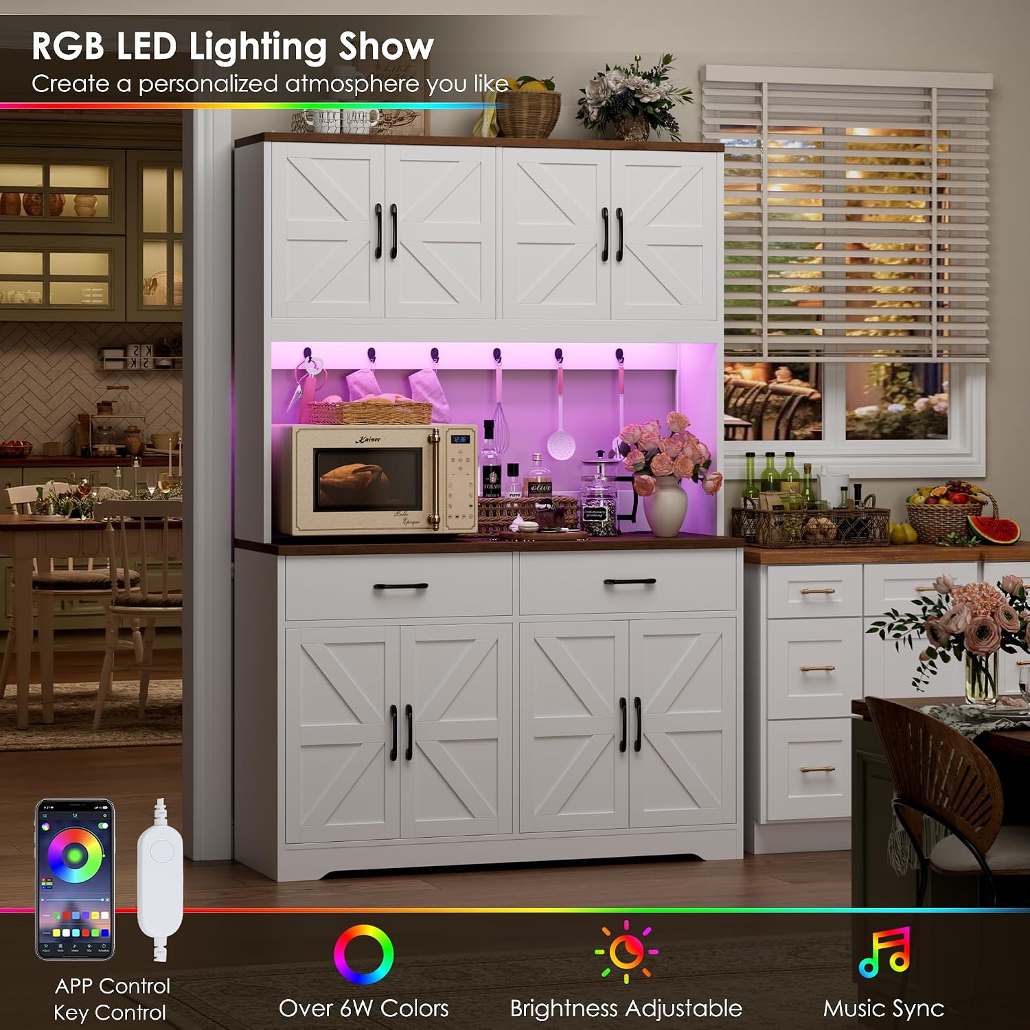 HIFIT 71' Tall Kitchen Pantry Cabinet with RGB LED and Charging Station, Farmhouse Coffee Bar Cabinet with Large Countertop and 6 Hooks, Kitchen Hutch Storage Cabinet, White