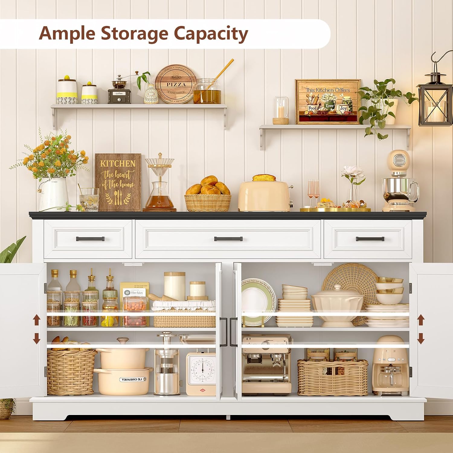 usikey 59' Large Buffet Cabinet with 4 Doors and 3 Drawers, Buffet Sideboard Cabinet with Storage and 2 Adjustable Shelves, Coffee Bar, Wine Bar for Living Room, White