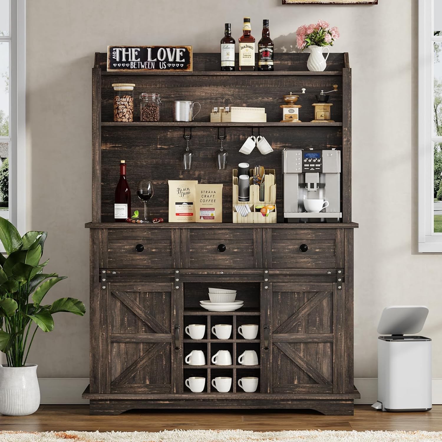 REVOMINCA 63 Inch Tall Coffee Bar Cabinet with 3-Tier, Kitchen Hutch with 3 Large Drawers, Farmhouse Coffee Bar with 9 Wine Racks & 3 Glass Holders, Wine Storage Cabinet for Living Dining Room, Oak