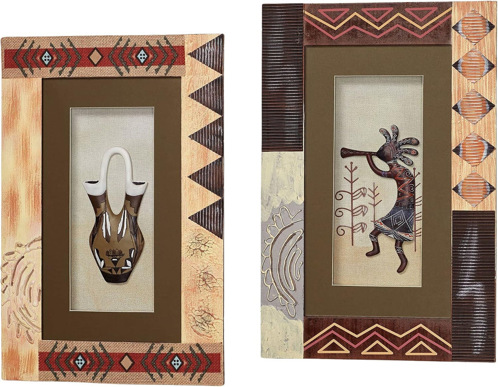 Touch of Class Southwest Vase and Kokopelli Shadow Box Wall Art Set of 2 - Wooden Framed Sculpture for Bedroom, Living Room, Office - Southwestern Style Decor with Glass - Geometric Designs