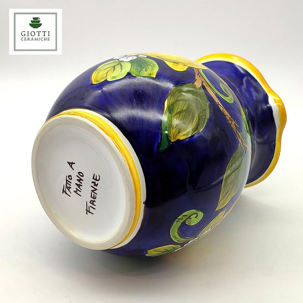 Italian Ceramic Pitcher Lemon Blue - 33 oz Hand Painted Utensil Holder Or Carafe Design for Kitchen - Made in ITALY Tuscany - Italian Pottery Vase Jar for Wine - Home Decor Ceramics Dispenser