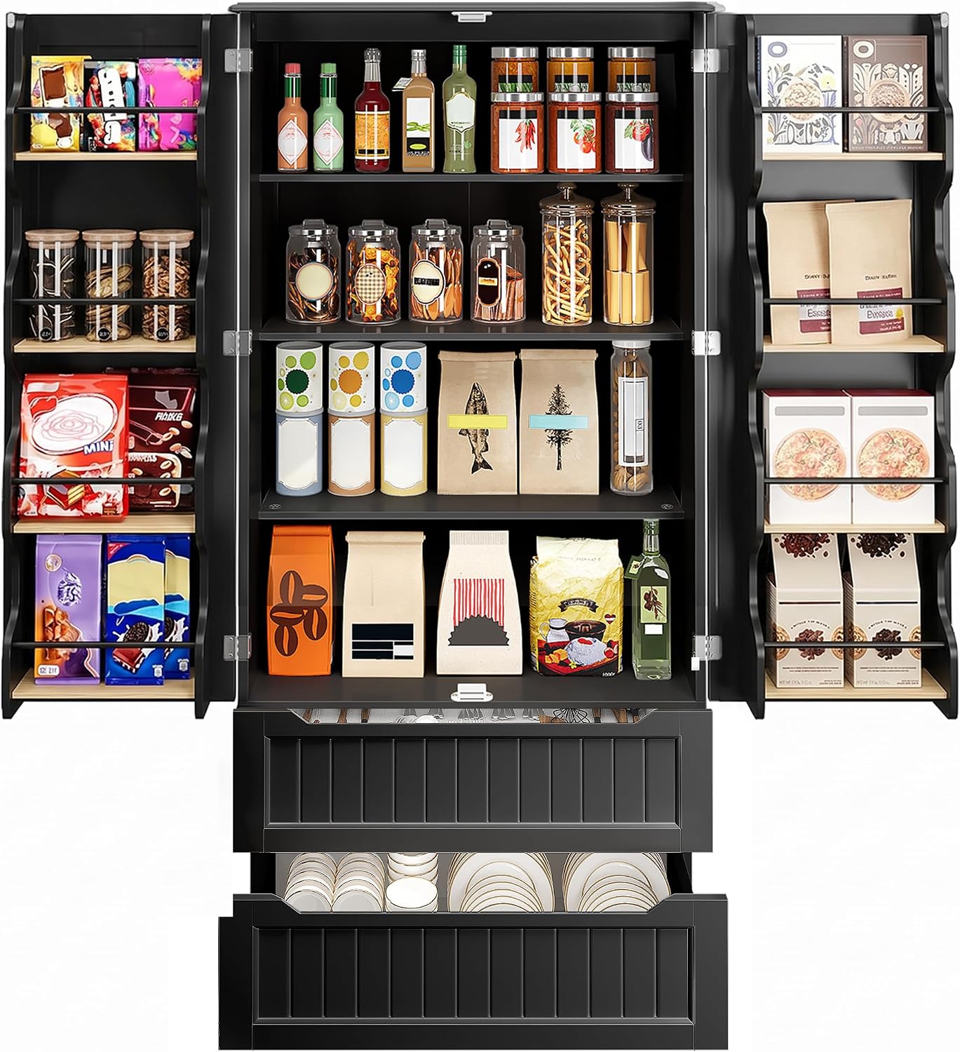 Gizoon 71' Tall Kitchen Pantry Cabinet with Drawers for Dining Room, Food Pantry Storage Cabinet with 8 Doors Shelves for Snack and Spice, Large Craft Storage Cabinet for Craft Room, Black, Painted
