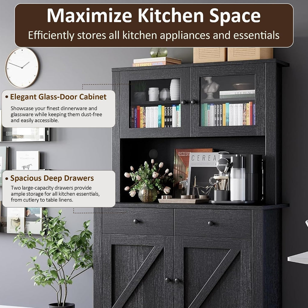 IDEALHOUSE 63' Kitchen Pantry Cabinet with Drawers, Hutch Cabinet with Storage, Microwave Stand, Adjustable Shelves, Freestanding Tall Pantry Storage for Dining Room, Living Room, Black