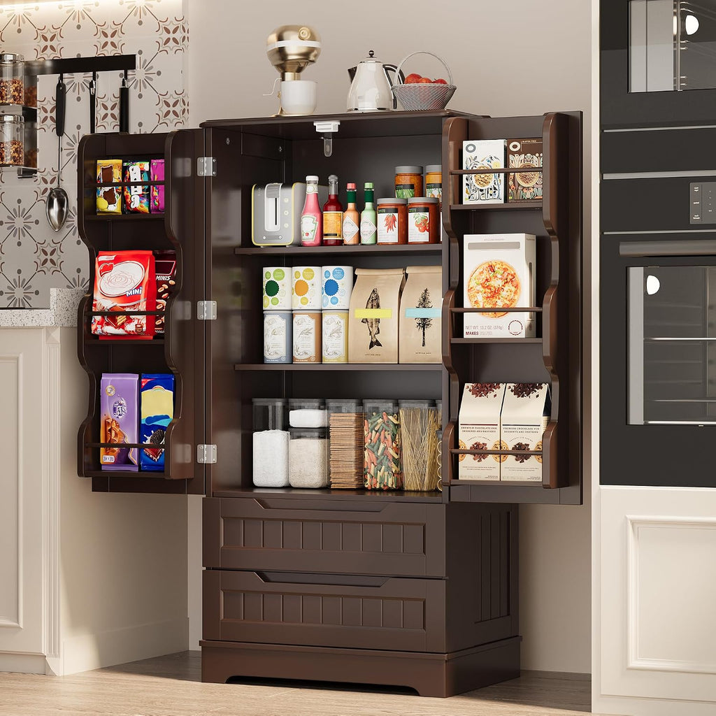 Gizoon Kitchen Pantry Cabinet with Drawers, 47' Small Food Pantry Storage Cabinet with 6 Door Shelves for Snack and Spice, Freestanding Craft Storage Cabinet for Craft Room, Dark Brown, Painted