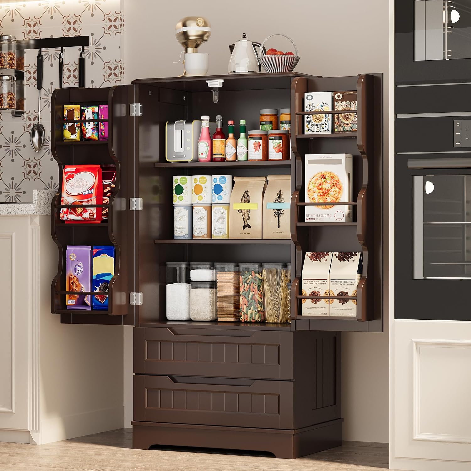 Gizoon Kitchen Pantry Cabinet with Drawers, 47' Small Food Pantry Storage Cabinet with 6 Door Shelves for Snack and Spice, Freestanding Craft Storage Cabinet for Craft Room, Dark Brown, Painted