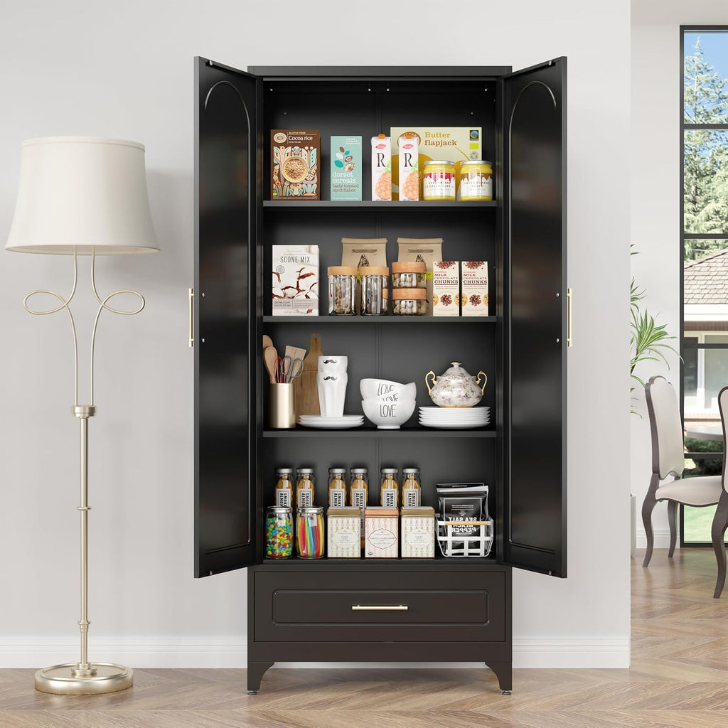 SteeLoong Metal Storage Cabinet with Drawers,75Inch Black Pantry Cabinets for Kitchen Storage with 3 Adjustable Shelves,Tall Kitchen Pantry Cabinet for Living Room, Dining Room，Office