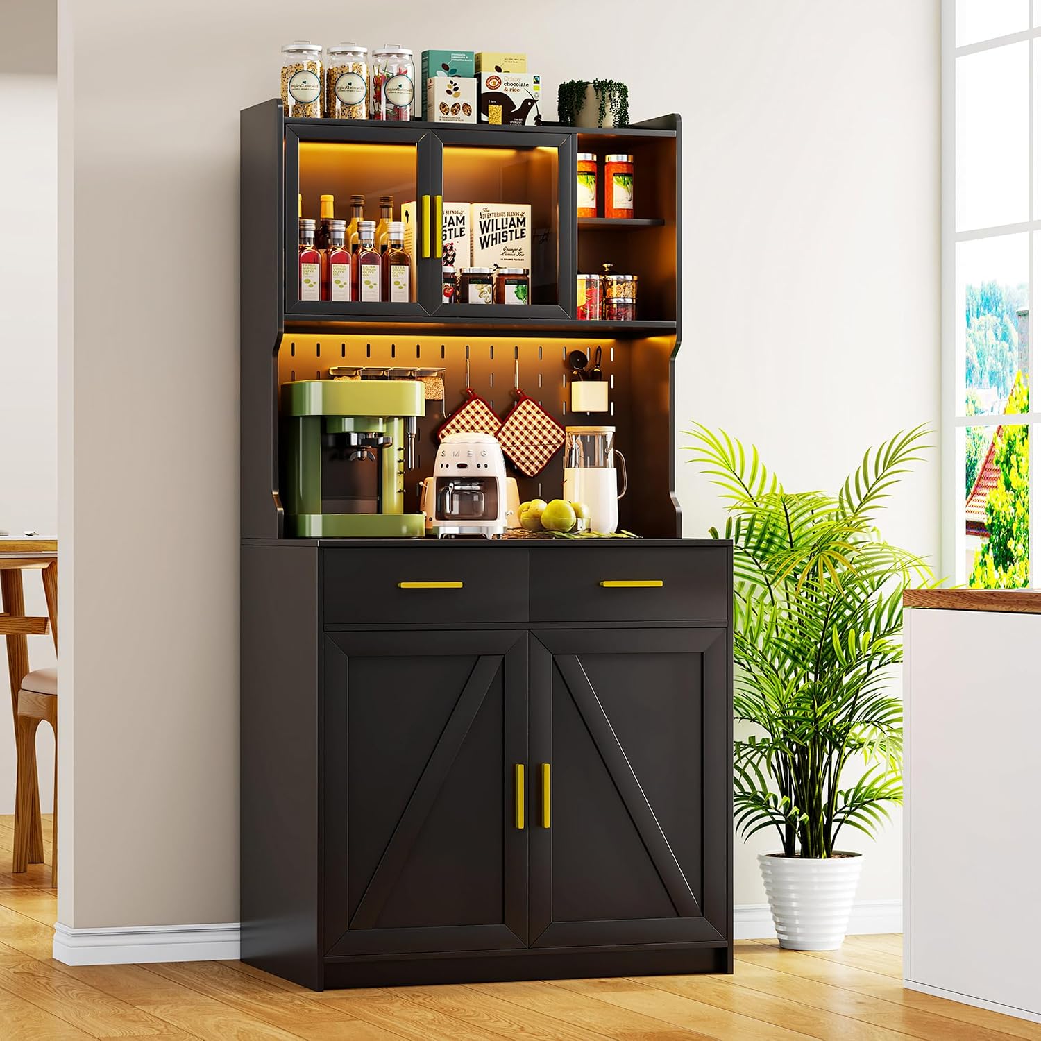 Gurexl 64' Farmhouse Kitchen Pantry with Auto Sensor LED,Storage Cabinets with 2 Outlets for Microwave & USB-C Ports,Hutch Cabinet with Pegboard,2 Cabinet,2 Drawers,1 Large Countertop