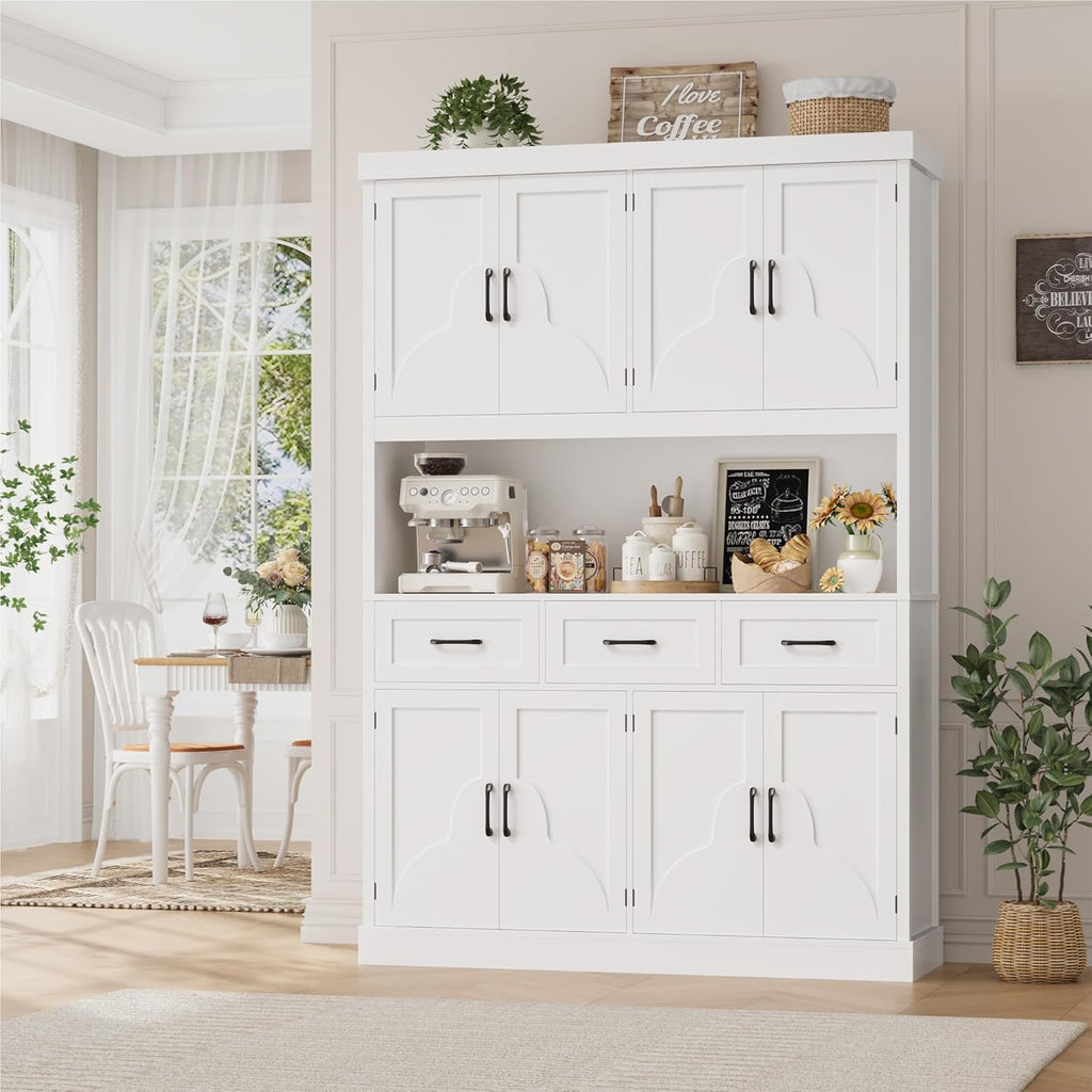 HITHOS 76' Tall Kitchen Pantry Storage Cabinet, 55' Wide Kitchen Hutch Cabinet with Storage Drawers, Large Food Pantry with Microwave Stand, Modern Cupboard with Hutch for Dining Living Room, White