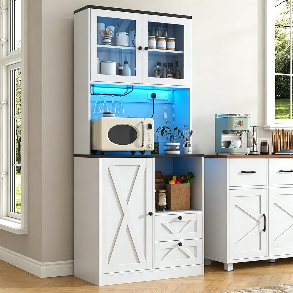 71' Tall Coffee Bar Cabinet with Storage Hutch, Farmhouse Kitchen Pantry Cabinet with LED Lights Microwave Stand and Glass Holder for Home Dining Room Kitchen,White