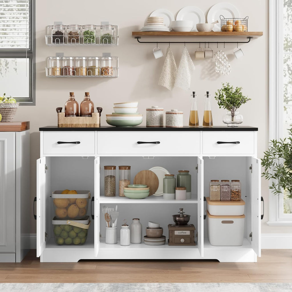 HOSTACK Buffet Sideboard Cabinet with Drawers, 55' Large Buffet Storage Cabinet with Shelves and Doors, Modern Farmhouse Coffee Bar Station Wood Kitchen Table for Kitchen, Dining Room, White/Black