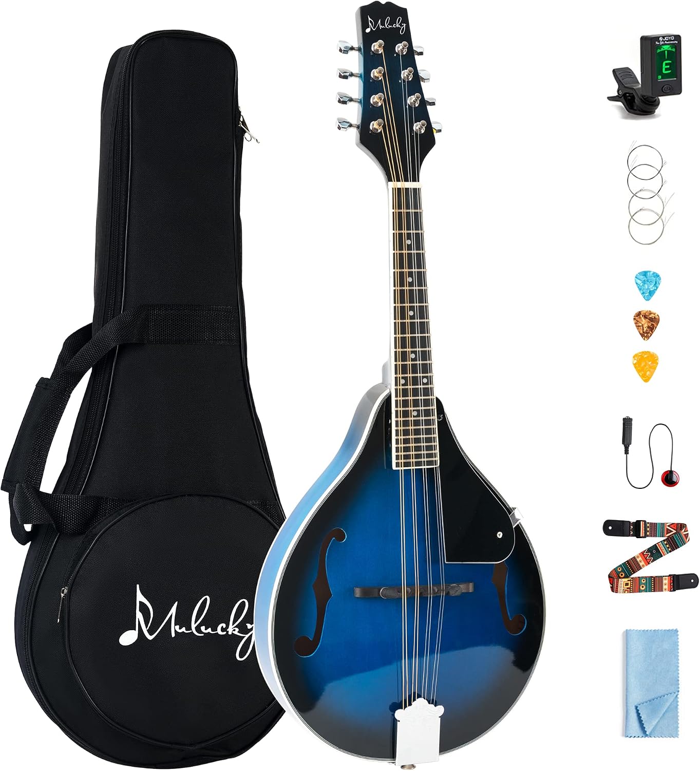 Mulucky A Style Mandolins Instrument, 8 String Acoustic Mandolin with Beginner Kit, Case, Tuner, String, Picks - Blue