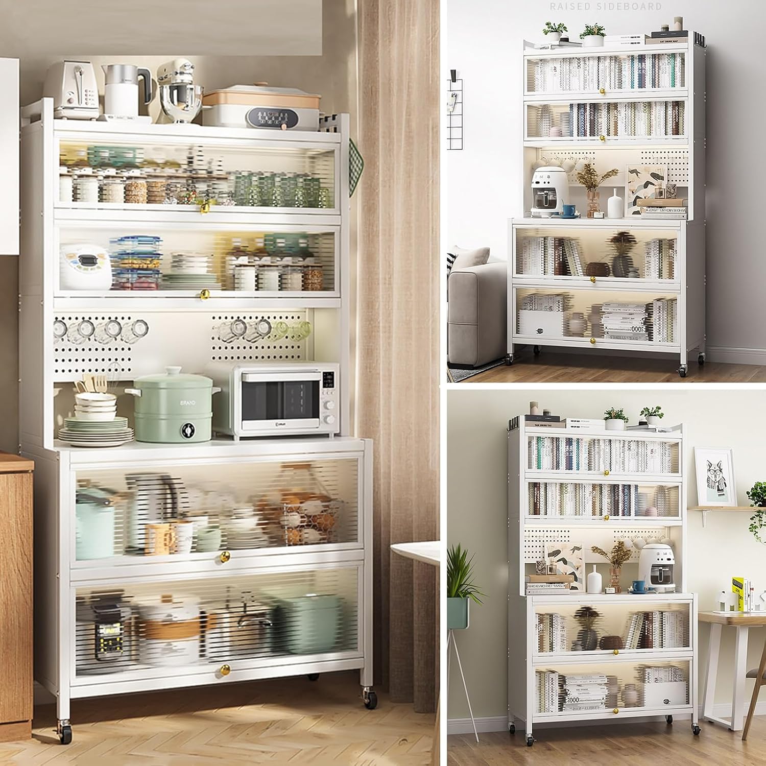 Baker's Rack with Kitchen Storage Drawer Cabinet - Flip Door and Drawer Microwave Stand Rack with Pegboard and Accessories, Metal Shelves for Garage Pantry Home Kitchen Spices (Color : White, Size :