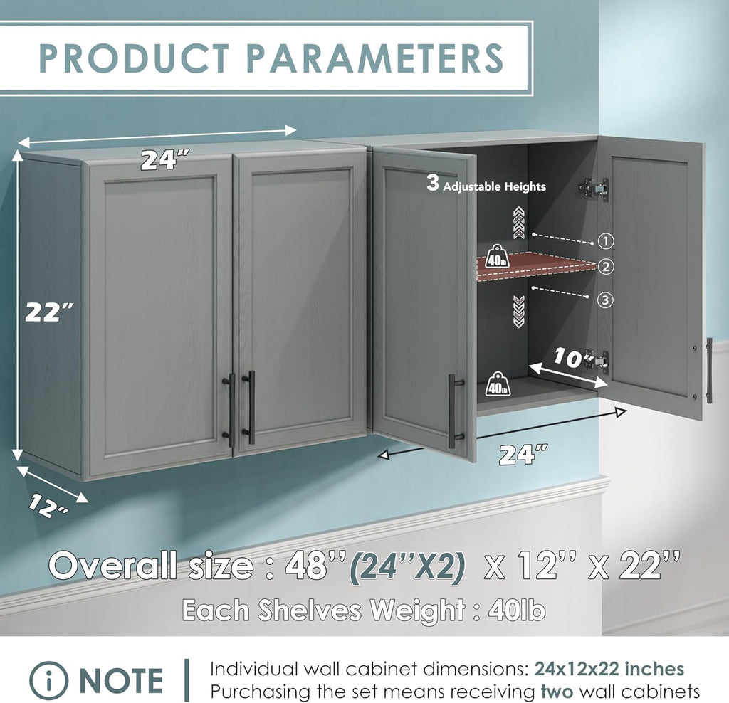 Furnaza Wall Storage Cabinet - Kitchen Laundry Wall Amount Cabinet with Two Shaker Doors and Shelf, in Grey, 24'Wx2 Pcs