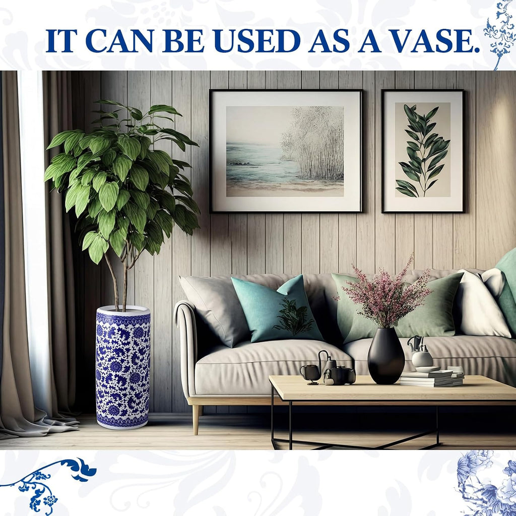 Sawysine Blue and White Ceramic Umbrella Stand, Floral Design Floor Vase for Entryway Indoor Decorative, 19.7' Heavy Porcelain Holder for Umbrellas Canes Home Decor(19.7 Inch,Lotus in Vine)
