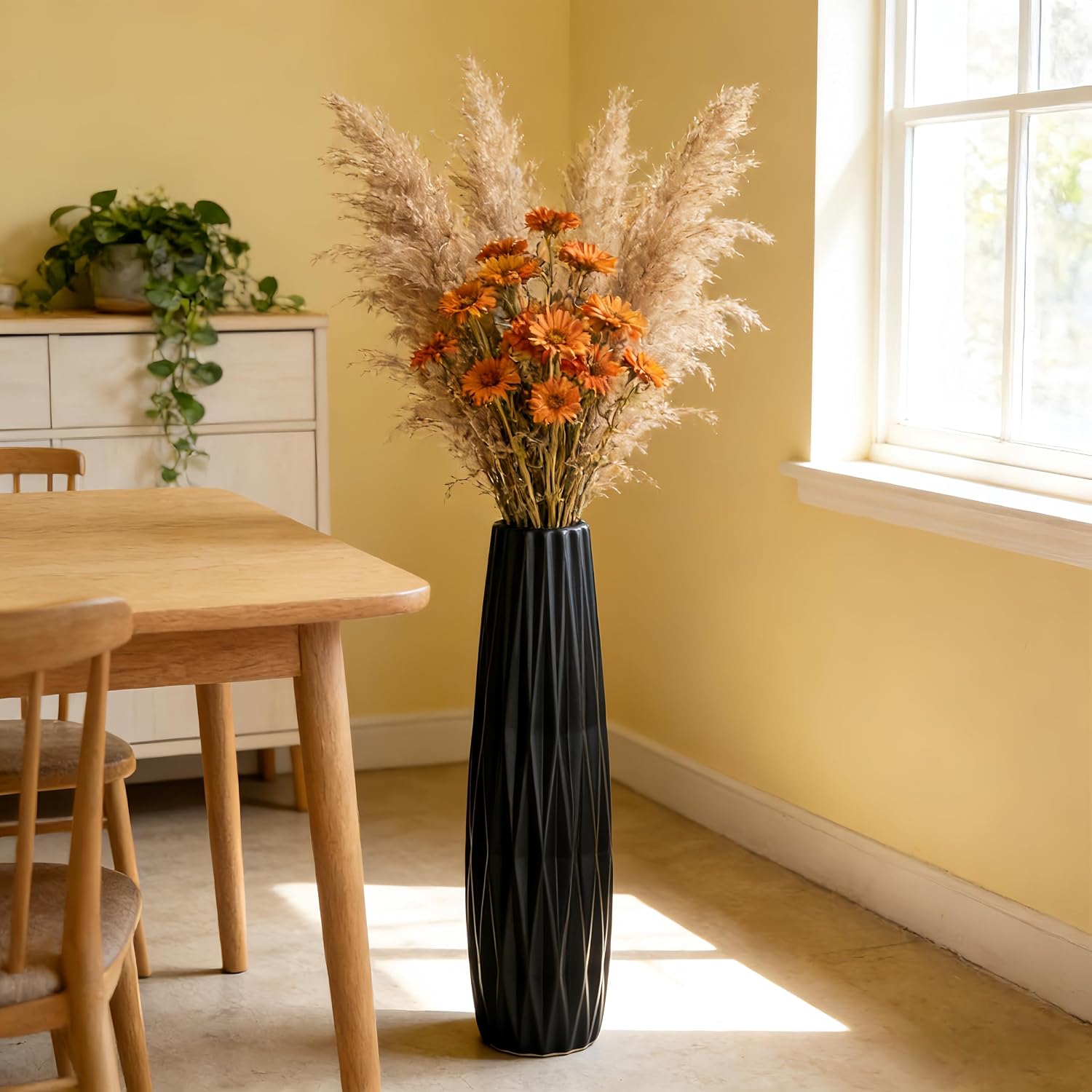 Tall Black Floor Vase – 28' Twisted Geometric Ceramic Vase for Modern Home, Living Room, Table Centerpiece or Corner Decoration