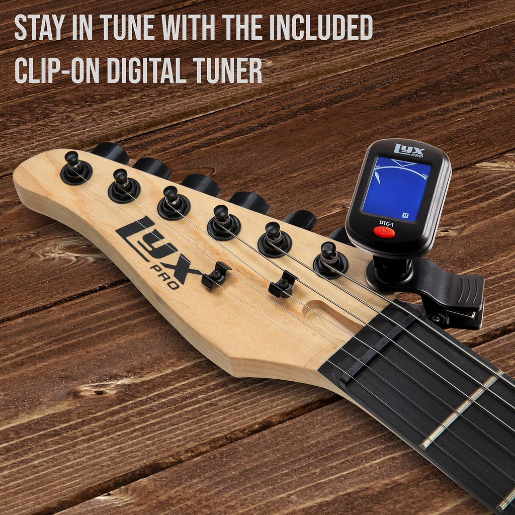 LyxPro Left Hand 39 Inch Electric Guitar and Starter Kit for Lefty Full Size Beginner's Guitar, Amp, Six Strings, Two Picks, Shoulder Strap, Digital Clip On Tuner, Cable and Soft Case - Natural