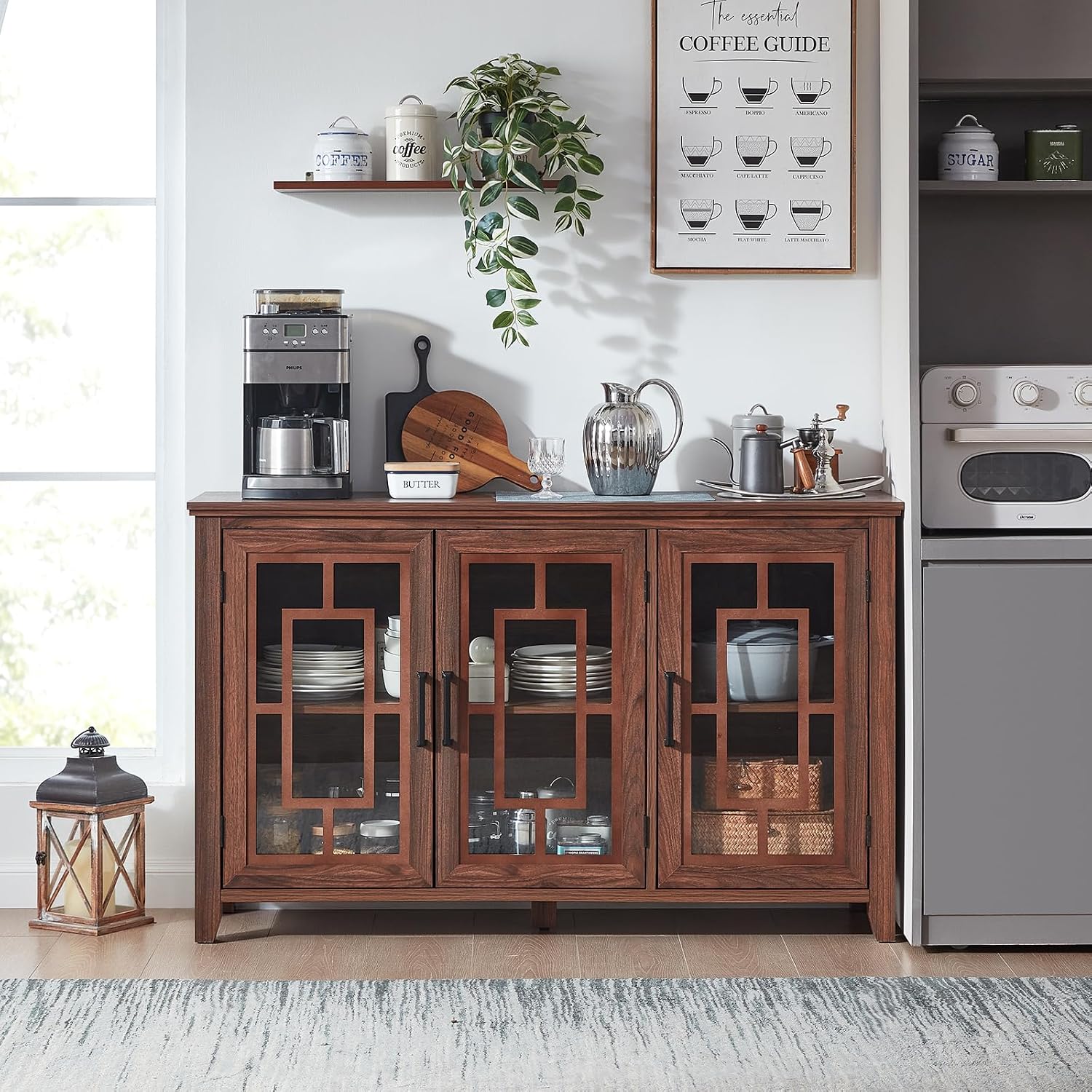Joaxswe Large Sideboard Buffet Cabinet with Storage, 55' Farmhouse Credenza with 3 Glass Doors, Adjustable Shelves Console Table, Wood Kitchen Coffee Bar for Dining Room, Living Room, Brown