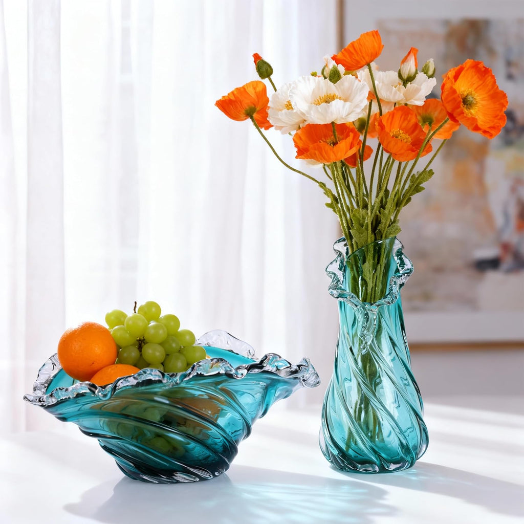 Hand Blown Blue Large Glass Vase Set - Artistic Clear Blue Vase for Coastal & Modern Home Decor, Ocean Wave Vase Design Light Luxury Style for Home Decor, Centerpiece, Office (L)