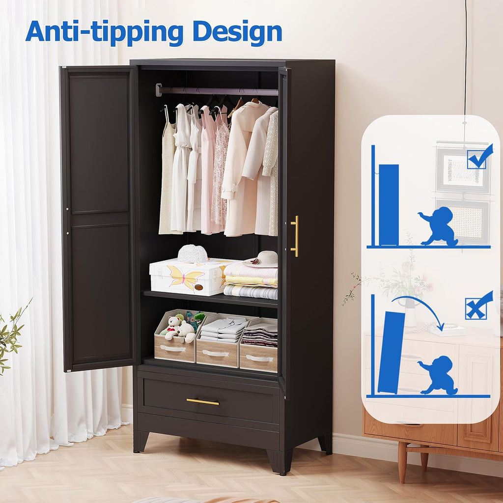 GAIOUS Steel Armoire Wardrobe Closet with Mirror Doors, 71' Household Wardrobe Cabinet with Hanging Rod and Drawer, Metal Clothing Storage Cabinet with Adjustable Shelf for Bedroom, Cloak, Gym(Black)