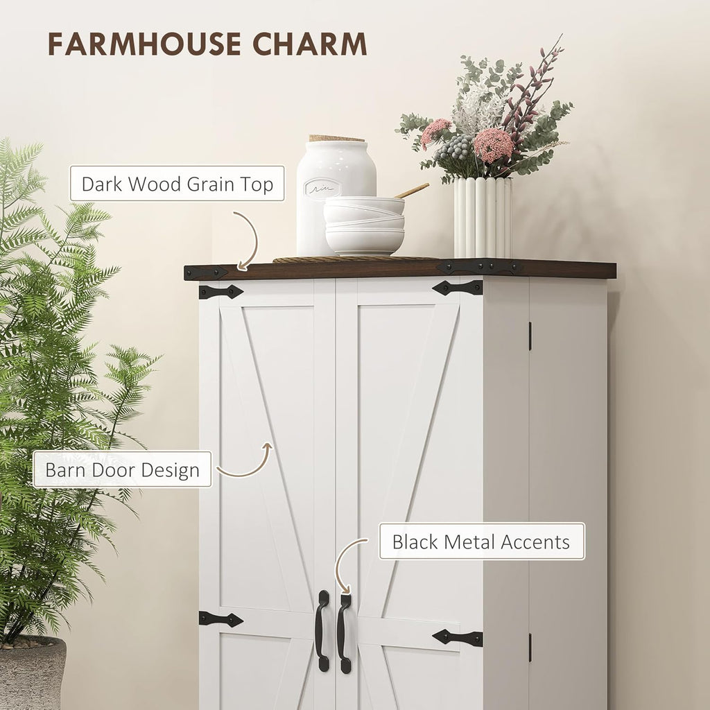 HOMCOM 47' LED Kitchen Pantry Cabinet, Farmhouse Storage Cabinet with 5 Deep Shelves and 12 Door Shelves, Freestanding Food Pantry with Barn Door, White