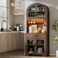 75' Tall Arched Pantry Cabinet with Charging Station & LED Light, Kitchen Pantry Cabinet with Microwave Stand, Drawers and Adjustable Shelf, Coffee Bar Liquor Cabinet for Dining Room