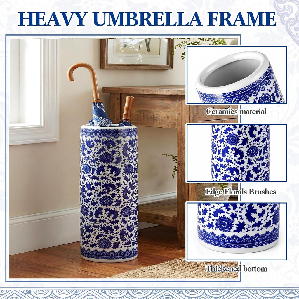 Sawysine Blue and White Ceramic Umbrella Stand, Floral Design Floor Vase for Entryway Indoor Decorative, 19.7' Heavy Porcelain Holder for Umbrellas Canes Home Decor(19.7 Inch,Lotus in Vine)