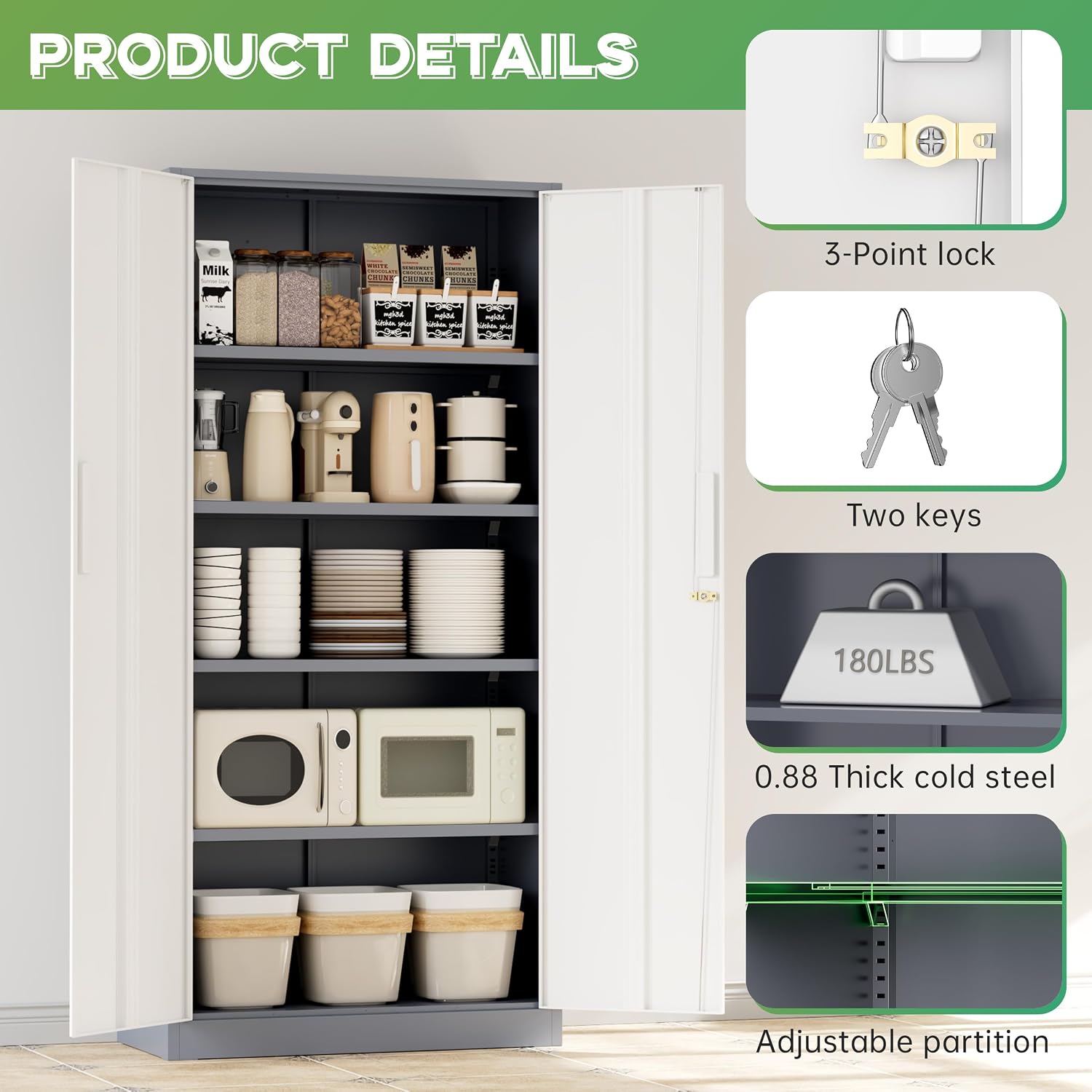 INTERGREAT Metal Storage Cabinet with Lock, 63' H Metal Cabinets Storage with 2 Doors and 4 Adjustable Shelves, Locking Garage Cabinet for Home Office, Kitchen, Bathroom (White Grey)