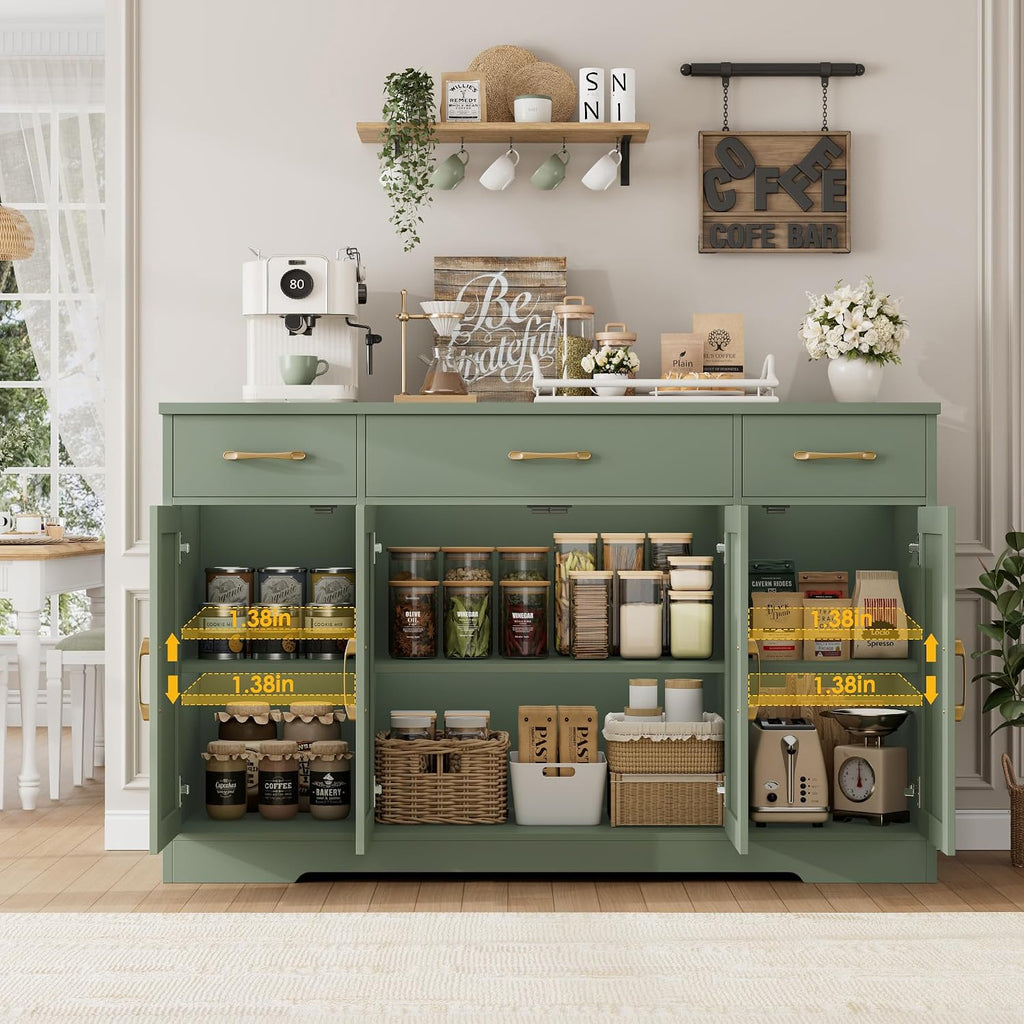 HOSTACK Buffet Sideboard Cabinet with Drawers, 55' Large Buffet Storage Cabinet with Shelves and Doors, Modern Farmhouse Coffee Bar Station for Kitchen, Dining Room, Green